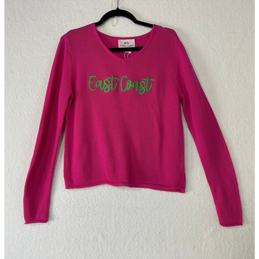 Pearls & Camo East Coast Hot Pink V-neck Sweater SZ S NWT